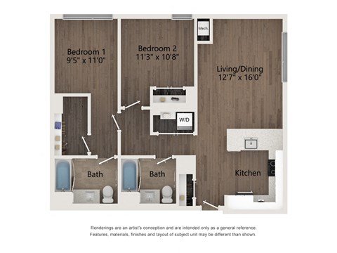 Floor plan for 2 beds, 2 baths, 1115 sqft